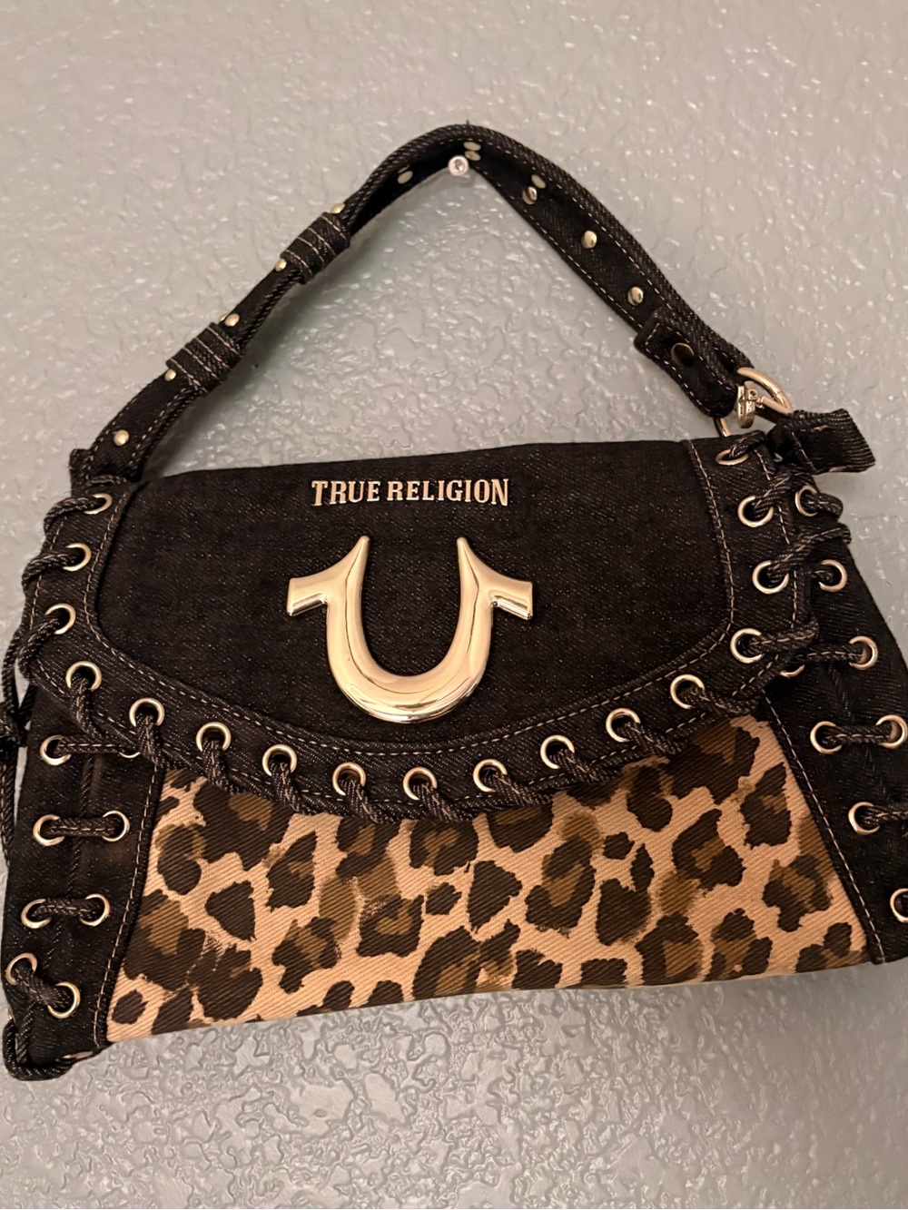 True Religion Black Denim & Leopard Accent Shoulder Bag